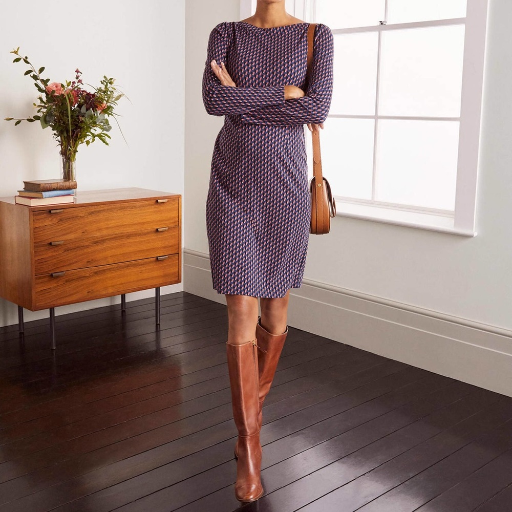 Boden Kathleen long Sleeve Jersey Dress - Blue Depths, Floral Bud